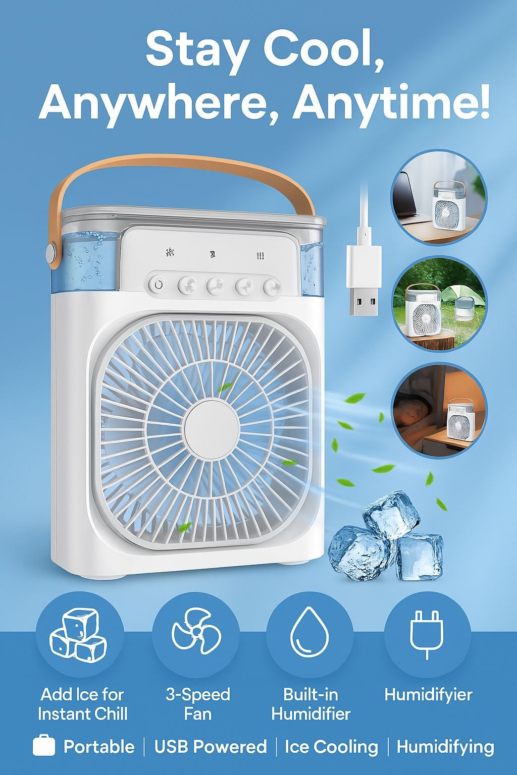 This device is a multifunctional personal cooling solution that combines the power of a 3-speed fan, a mist-spraying humidifier, and an evaporative air cooler.