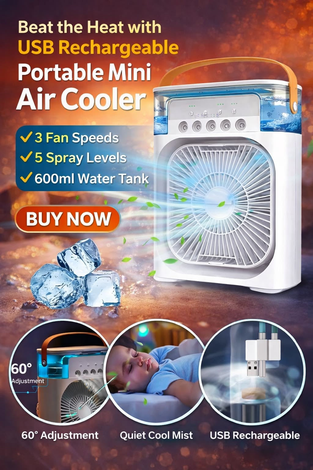 This device is a multifunctional personal cooling solution that combines the power of a 3-speed fan, a mist-spraying humidifier, and an evaporative air cooler.