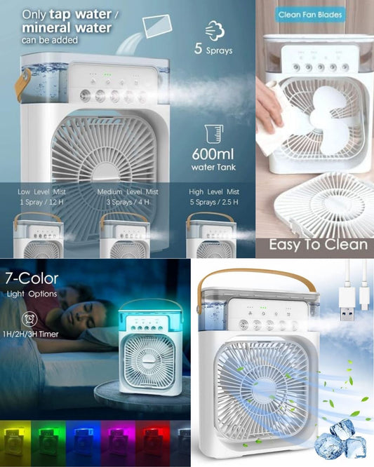 This device is a multifunctional personal cooling solution that combines the power of a 3-speed fan, a mist-spraying humidifier, and an evaporative air cooler.